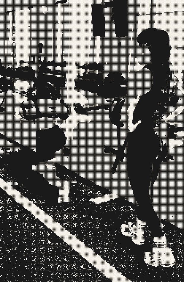 Two athletes on a gym training floor, dithered